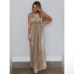 Baltic Born Athena Pleated Maxi Dress Metallic Gold Long Gown Size L Ethereal